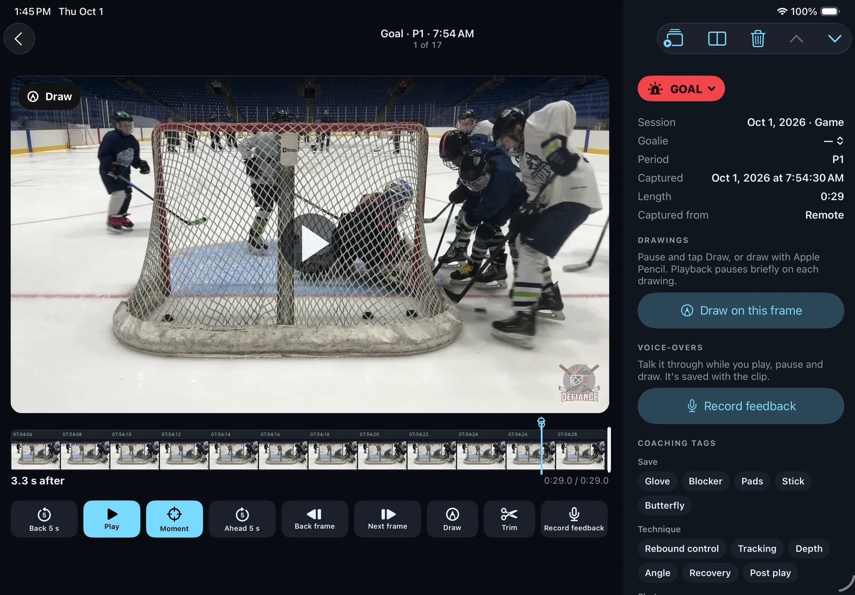 CreaseCam replay tools on iPad, including filmstrip, frame controls, drawings and feedback