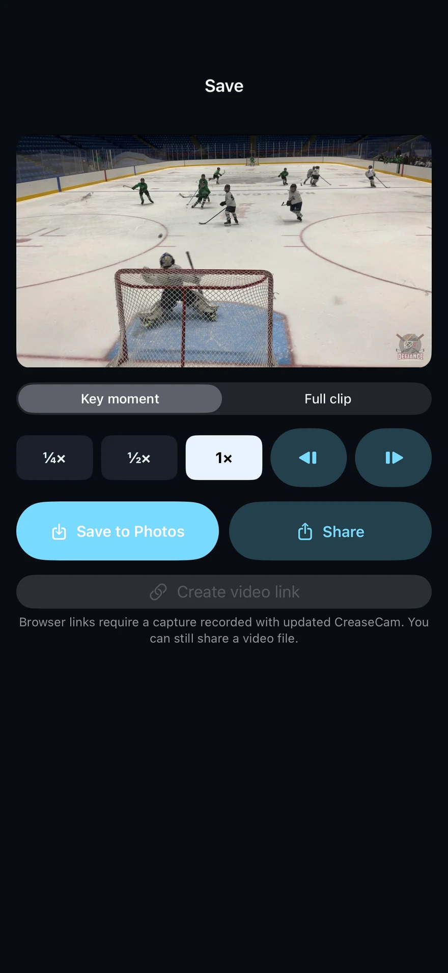 CreaseCam iPhone replay player with slow-motion and loop controls.